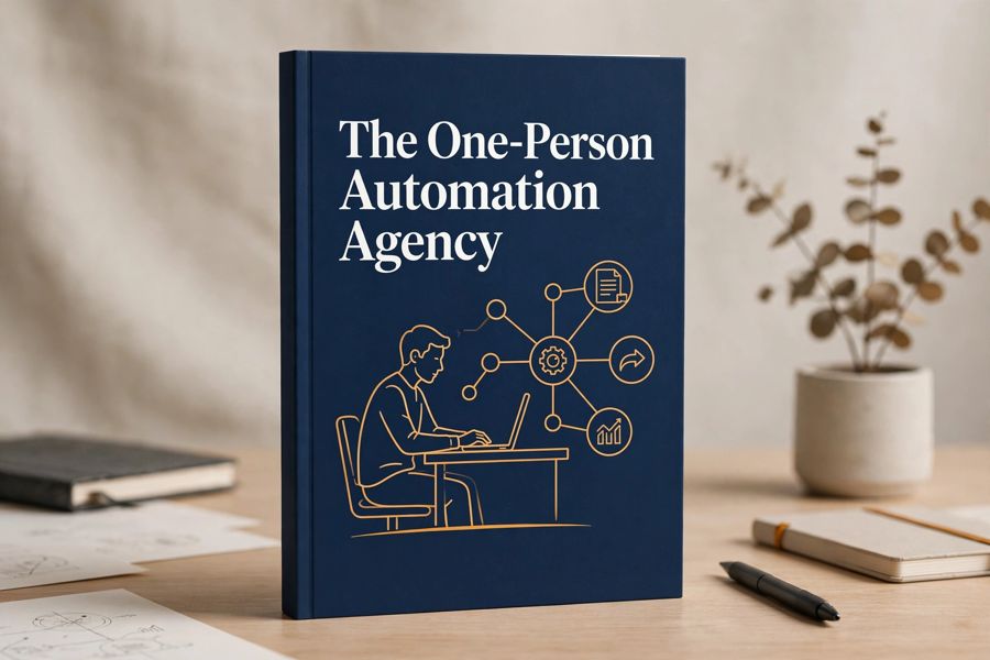 The One-Person Automation Agency ebook cover — navy book with solo operator and workflow diagram