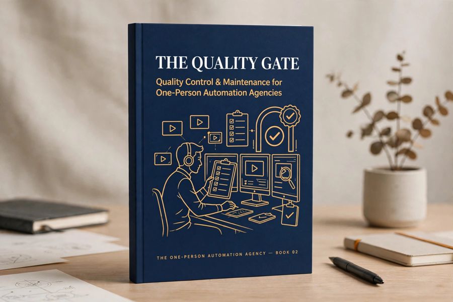 Cover of The Quality Gate — Book 02 of The One-Person Automation Agency series, showing a solo operator reviewing content at a quality-control desk