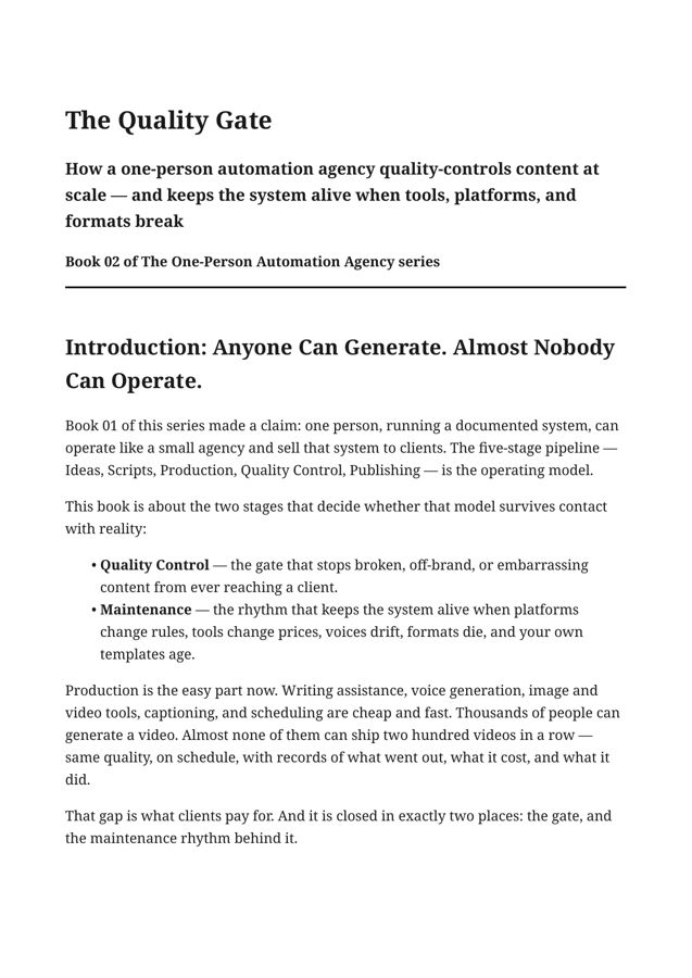 Opening page of The Quality Gate ebook, beginning with the introduction Anyone Can Generate. Almost Nobody Can Operate.